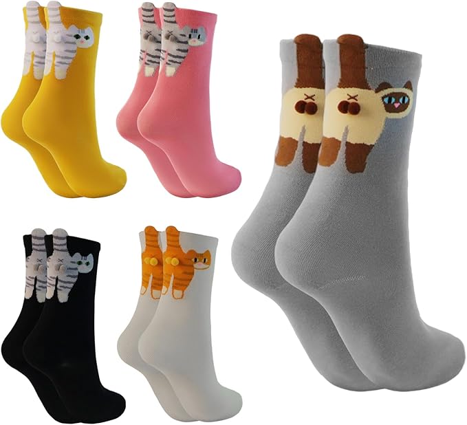 Cute Cat Pom Pom Socks – Women’s 3D Novelty Crew